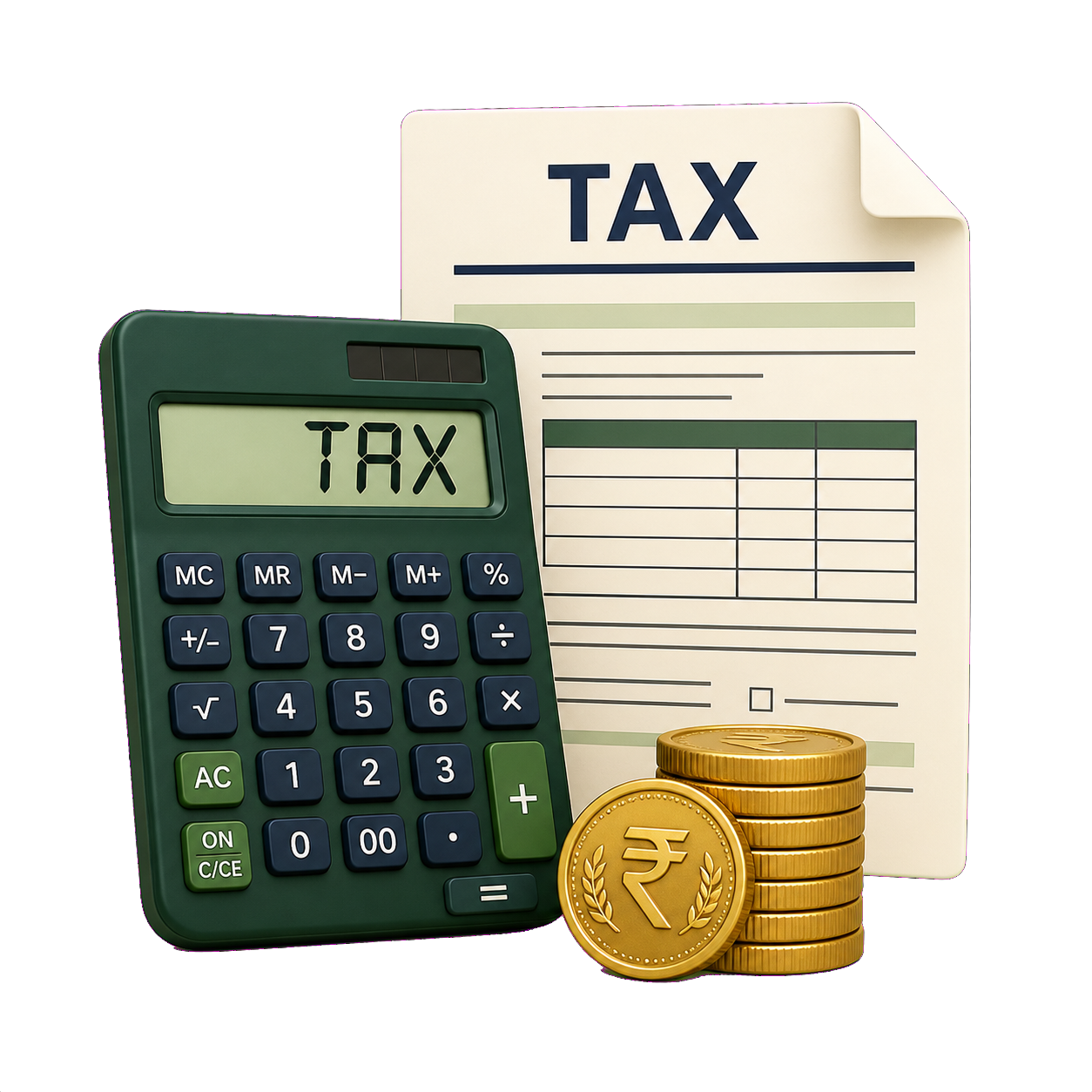 Tax calculator, tax form and Indian rupee coins