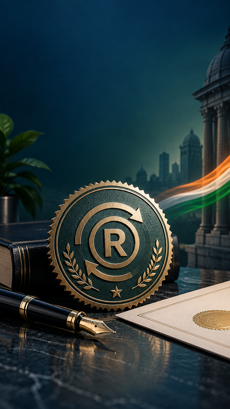 Trademark renewal seal, certificate and pen in a premium navy legal setting